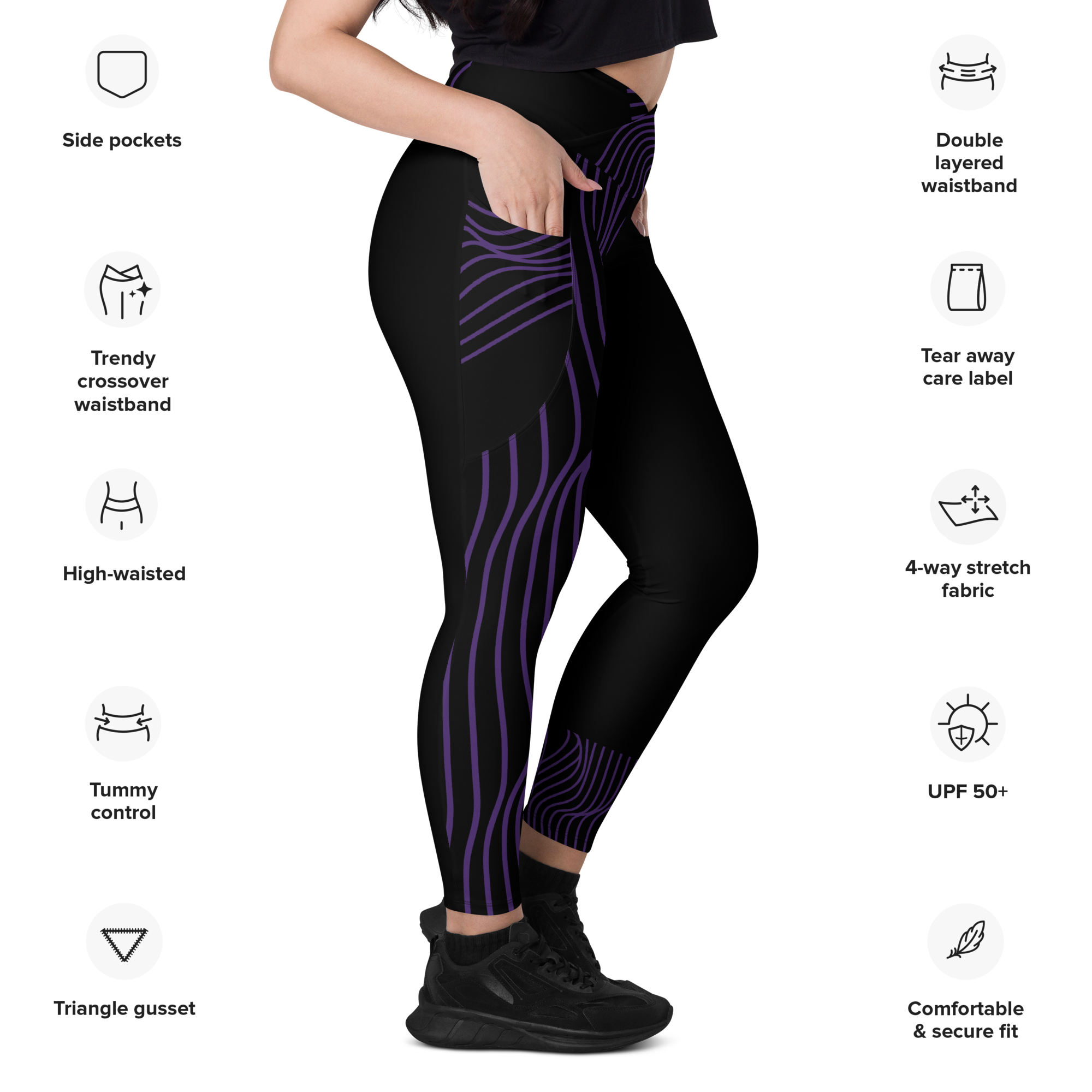 Black Workout Leggings with Pockets. Streetwear or Gymwear Crossover Leggings. Yoga Pants. WickedYo.